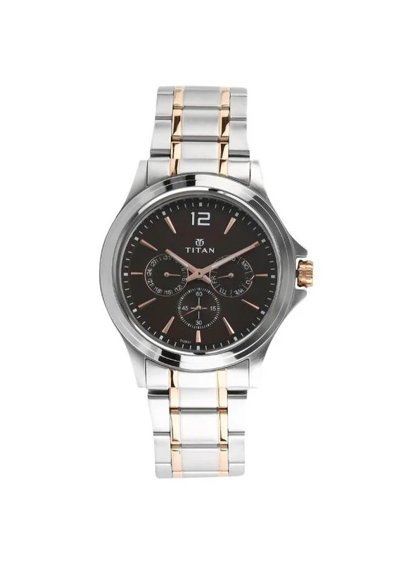 Titan Workwear Quartz Multifunction Brown Dial Two Toned Silver and Gold Stainless Steel Strap Watch for Men - NT1698KM01